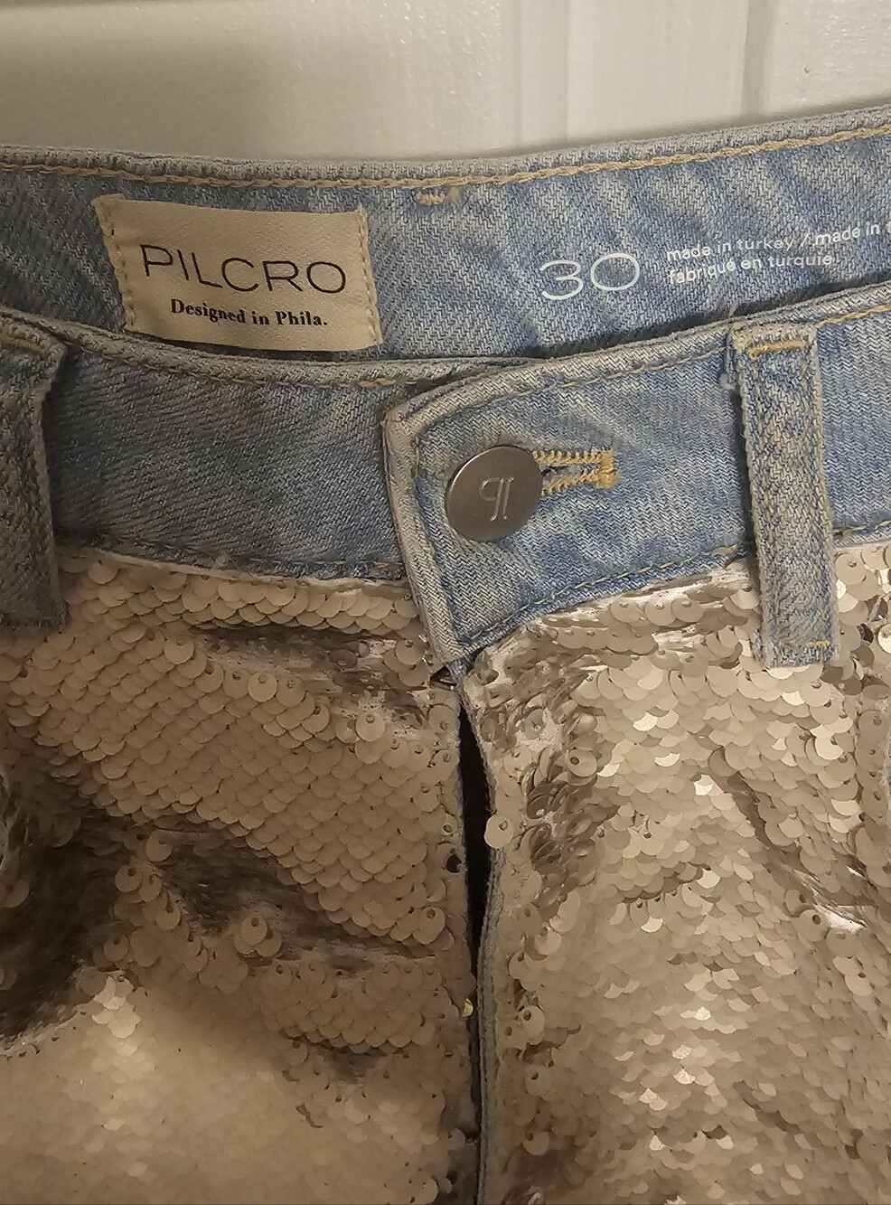 PILCRO Anthropologie Champagne Sequin Front Wide Leg High Rise Jeans 30 - Picture 8 of 8
